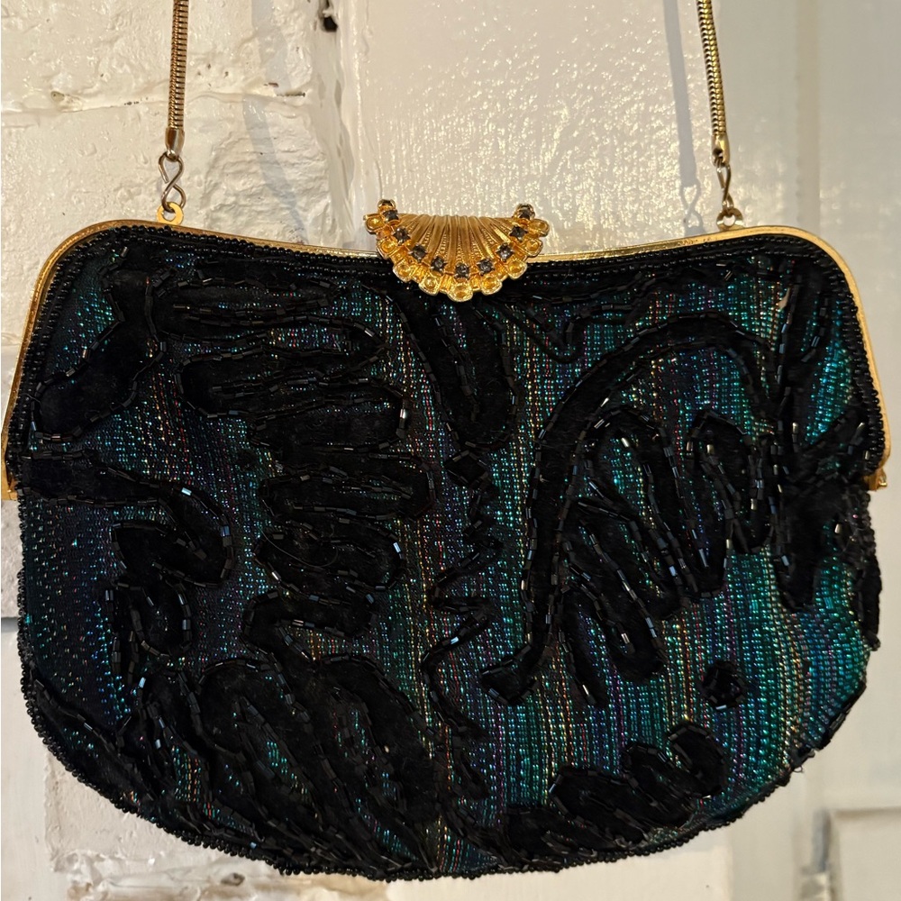 Vintage Black and Gold and Teal  Evening Clutch Crossbody Bag